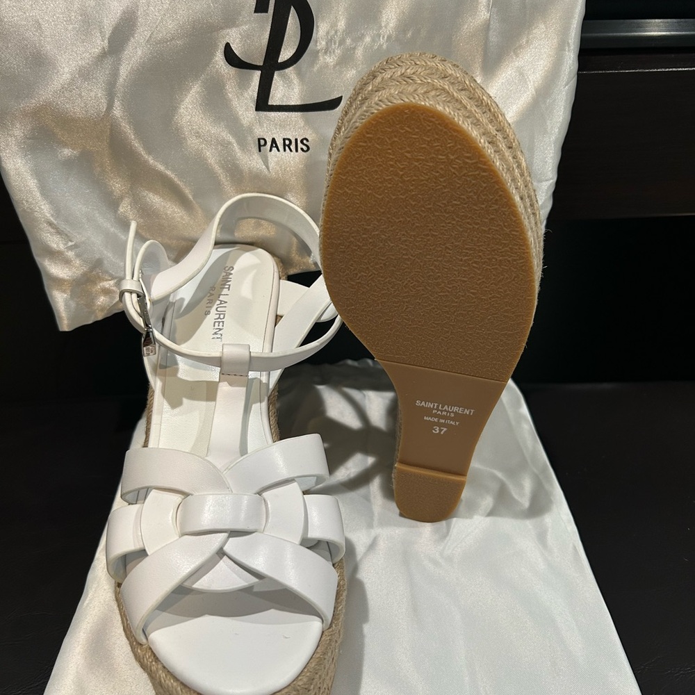 Saint Laurent White Woven Espadrille Sandals